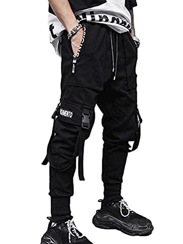 shownicer Herren Cargohose Arbeit Kampf Techwear Hose mit Taschen Schnalle Riemen Hip Hop Jogger Baggy Tapered Hosen Streetwear Sweatpants T Schwarz 3XL von shownicer