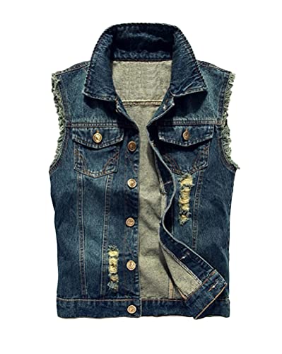 shownicer Herren Denim Weste Zerreißendes Deko Fashion Casual Jeansweste für Freizeit Männer Jeansjacke ohne Ärmel Slim Fit Beiläufige Weste B Dunkelblau L von shownicer