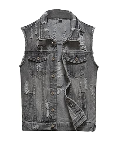 shownicer Herren Denim Weste Zerreißendes Deko Fashion Casual Jeansweste für Freizeit Männer Jeansjacke ohne Ärmel Slim Fit Beiläufige Weste F Grau M von shownicer