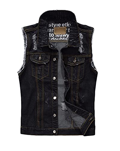 shownicer Herren Denim Weste Zerreißendes Deko Fashion Casual Jeansweste für Freizeit Männer Jeansjacke ohne Ärmel Slim Fit Beiläufige Weste J Schwarz XL von shownicer