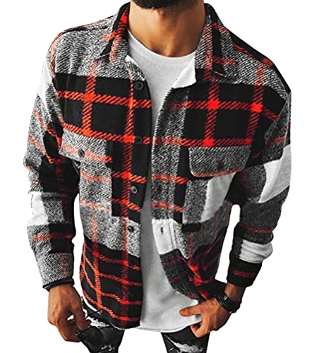 shownicer Herren Hemd Kariertes Freizeithemd Holzfällerhemd Normale Passform Lange Ärmel Flanellhemden Arbeitshemd Kariert Hemd Hemdjacke Winterjacke Mantel A Rot 3XL von shownicer