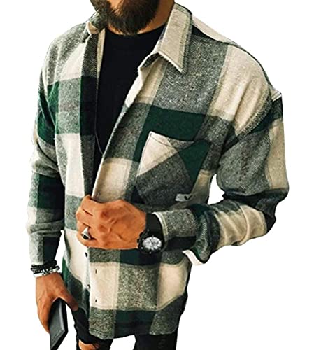 shownicer Herren Hemd Kariertes Freizeithemd Holzfällerhemd Normale Passform Lange Ärmel Flanellhemden Arbeitshemd Kariert Hemd Hemdjacke Winterjacke Mantel B Grün XXL von shownicer