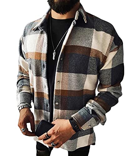 shownicer Herren Hemd Kariertes Freizeithemd Holzfällerhemd Normale Passform Lange Ärmel Flanellhemden Arbeitshemd Kariert Hemd Hemdjacke Winterjacke Mantel D Beige 4XL von shownicer
