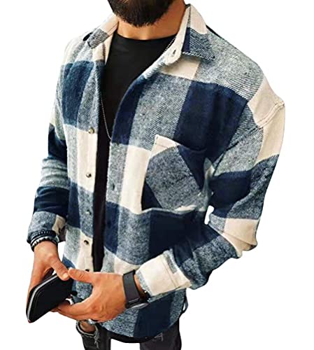 shownicer Herren Hemd Kariertes Freizeithemd Holzfällerhemd Normale Passform Lange Ärmel Flanellhemden Arbeitshemd Kariert Hemd Hemdjacke Winterjacke Mantel D Marine L von shownicer