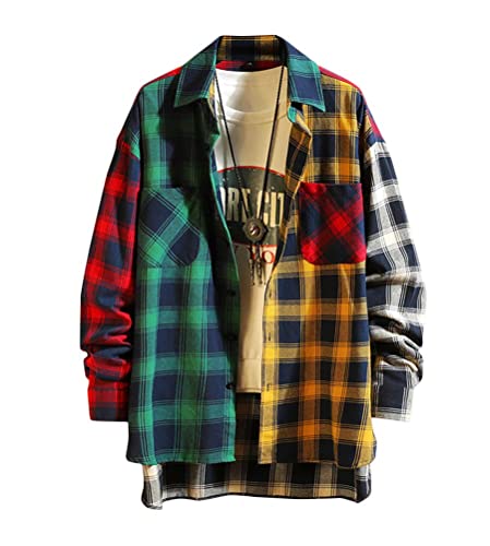 shownicer Herren Hemd Kariertes Freizeithemd Normale Passform Lange Ärmel Patchwork Plaid Tasten Oversize Hemd Jacke Hemdjacke Holzfällerjacke A Grün 3XL von shownicer