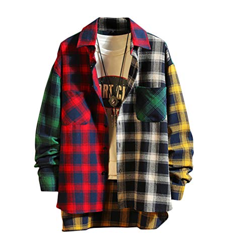 shownicer Herren Hemd Kariertes Freizeithemd Normale Passform Lange Ärmel Patchwork Plaid Tasten Oversize Hemd Jacke Hemdjacke Holzfällerjacke A Rot 3XL von shownicer