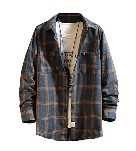 shownicer Herren Hemd Kariertes Freizeithemd Normale Passform Lange Ärmel Patchwork Plaid Tasten Oversize Hemd Jacke Hemdjacke Holzfällerjacke B Blau M von shownicer