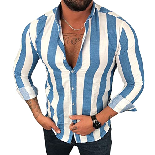 shownicer Herren Hemd Langarm Sommer Gestreifte Freizeithemden Casual mit Knöpfen Regular Fit Businesshemd Männer Button Down Slim Fit Shirts A Blau M von shownicer