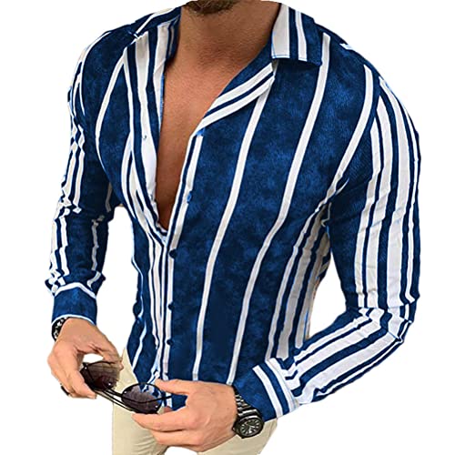 shownicer Herren Hemd Langarm Sommer Gestreifte Freizeithemden Casual mit Knöpfen Regular Fit Businesshemd Männer Button Down Slim Fit Shirts C Blau M von shownicer