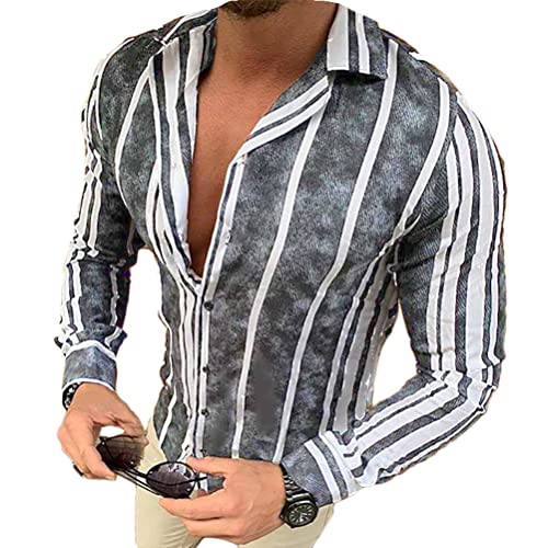 shownicer Herren Hemd Langarm Sommer Gestreifte Freizeithemden Casual mit Knöpfen Regular Fit Businesshemd Männer Button Down Slim Fit Shirts C Grau L von shownicer