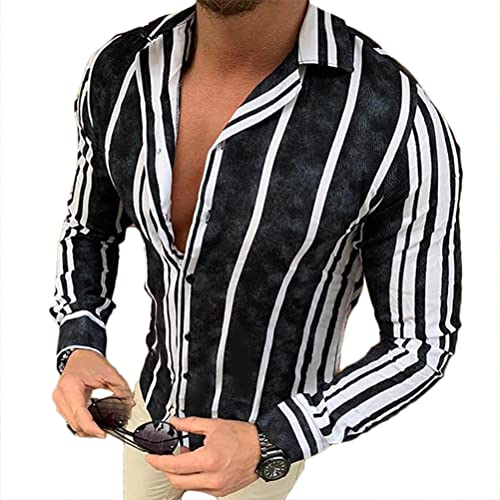 shownicer Herren Hemd Langarm Sommer Gestreifte Freizeithemden Casual mit Knöpfen Regular Fit Businesshemd Männer Button Down Slim Fit Shirts C Schwarz L von shownicer