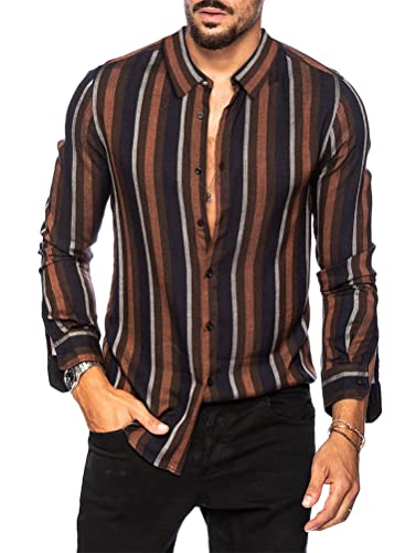 shownicer Herren Hemd Langarm Sommer Gestreifte Freizeithemden Casual mit Knöpfen Regular Fit Businesshemd Männer Button Down Slim Fit Shirts I Braun M von shownicer