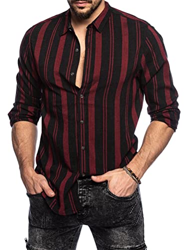 shownicer Herren Hemd Langarm Sommer Gestreifte Freizeithemden Casual mit Knöpfen Regular Fit Businesshemd Männer Button Down Slim Fit Shirts I Rot M von shownicer