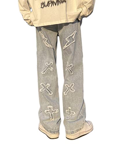 shownicer Herren Hip Hop Jeans Baggy Straight Leg Gewaschen Jeanshose Casual Denim Hosen Vintage Bedruckte Jeans Teenager Jungen Skateboard Hose Streetwear A Blau M von shownicer