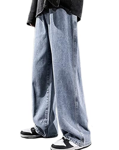 shownicer Herren Hose Jeanshosen mit Weitem Bein Jeans Casual Relaxed Fit Jeanshose Denim Hosen Baggy Hip Hop Jeans Vintage Y2K Straight Leg Teenager Jungen Skateboard Hose Streetwear A Blau L von shownicer