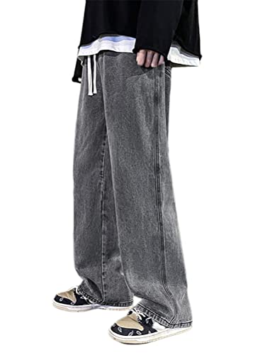 shownicer Herren Hose Jeanshosen mit Weitem Bein Jeans Casual Relaxed Fit Jeanshose Denim Hosen Baggy Hip Hop Jeans Vintage Y2K Straight Leg Teenager Jungen Skateboard Hose Streetwear A Grau XS von shownicer