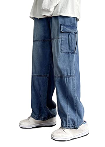 shownicer Herren Hose Jeanshosen mit Weitem Bein Jeans Casual Relaxed Fit Jeanshose Denim Hosen Baggy Hip Hop Jeans Vintage Y2K Straight Leg Teenager Jungen Skateboard Hose Streetwear B Blau M von shownicer