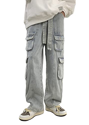 shownicer Herren Hose Jeanshosen mit Weitem Bein Jeans Casual Relaxed Fit Jeanshose Denim Hosen Baggy Hip Hop Jeans Vintage Y2K Straight Leg Teenager Jungen Skateboard Hose Streetwear C Hellblau XL von shownicer