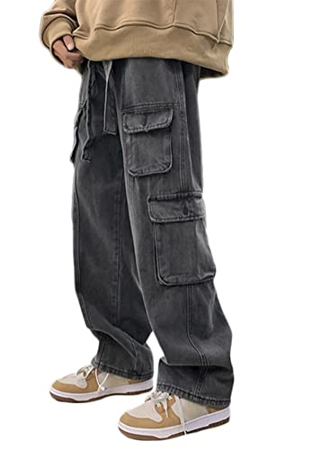 shownicer Herren Hose Jeanshosen mit Weitem Bein Jeans Casual Relaxed Fit Jeanshose Denim Hosen Baggy Hip Hop Jeans Vintage Y2K Straight Leg Teenager Jungen Skateboard Hose Streetwear C Schwarz XL von shownicer