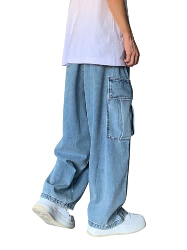 shownicer Herren Hose Jeanshosen mit Weitem Bein Jeans Casual Relaxed Fit Jeanshose Denim Hosen Baggy Hip Hop Jeans Vintage Y2K Straight Leg Teenager Jungen Skateboard Hose Streetwear F Blau XS von shownicer