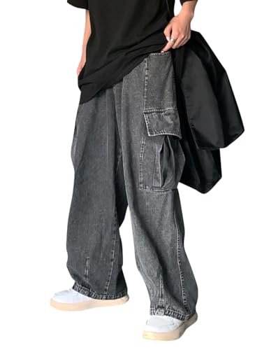 shownicer Herren Hose Jeanshosen mit Weitem Bein Jeans Casual Relaxed Fit Jeanshose Denim Hosen Baggy Hip Hop Jeans Vintage Y2K Straight Leg Teenager Jungen Skateboard Hose Streetwear F Schwarz S von shownicer