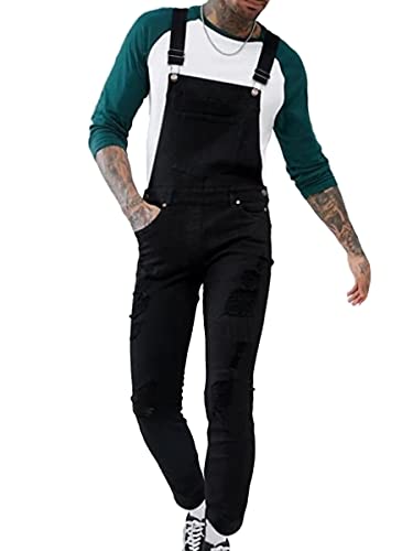 shownicer Herren Jeans Latzhose Lange Jeanshose Retro Denim Bib Overall Skinny Fit Stone-Washed Streetwear Zerreißen Arbeitshosen Jumpsuit I Schwarz S von shownicer