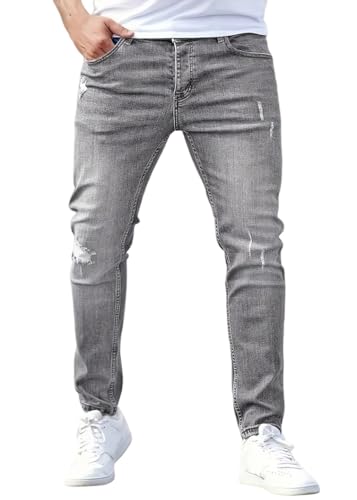 shownicer Herren Jeans Slim Fit Denim Hose Stretch Tapered Männer Jeanshose Destroyed Hosen Casual Herrenjeans Freizeithose A Grau L von shownicer