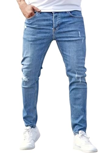 shownicer Herren Jeans Slim Fit Denim Hose Stretch Tapered Männer Jeanshose Destroyed Hosen Casual Herrenjeans Freizeithose A Hellblau XL von shownicer