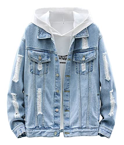 shownicer Herren Jeansjacke Jacke Jeans Übergangsjacke Einfarbige Zerrissene Dekoration Vintage Denim Bikerjacke mit Kapuze Outdoor Sport Hoodie B Hellblau XS von shownicer
