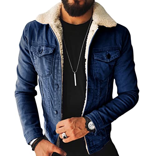 shownicer Herren Jeansjacke Jacke Jeans Winterjacke Gefüttert Übergangsjacke Revers Fleecejacke Plüschmantel Cardigan Mäntel Warme Dicker Denim Bikerjacke Sherpa Jacket Dunkelblau L von shownicer