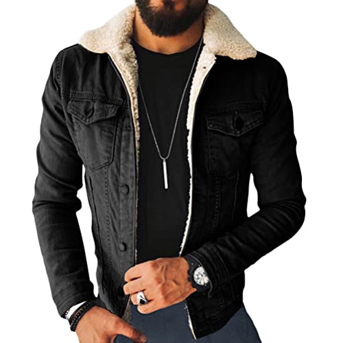 shownicer Herren Jeansjacke Jacke Jeans Winterjacke Gefüttert Übergangsjacke Revers Fleecejacke Plüschmantel Cardigan Mäntel Warme Dicker Denim Bikerjacke Sherpa Jacket Schwarz L von shownicer