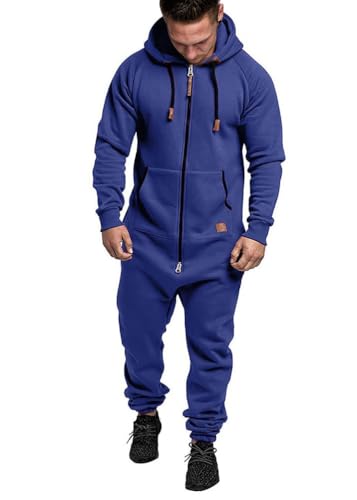 shownicer Herren Jumpsuit Overall Jogging Anzug Trainingsanzug Einteiler Overall Hausanzug Jogger Sportanzug Baumwolle Warm Jumpsuit mit Kapuze A Blau L von shownicer
