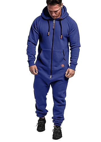 shownicer Herren Jumpsuit Overall Jogging Anzug Trainingsanzug Einteiler Overall Hausanzug Jogger Sportanzug Baumwolle Warm Jumpsuit mit Kapuze A Blau XXL von shownicer