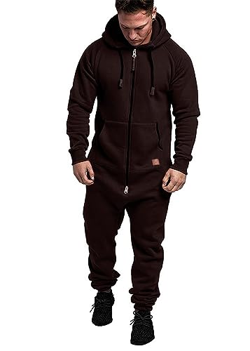 shownicer Herren Jumpsuit Overall Jogging Anzug Trainingsanzug Einteiler Overall Hausanzug Jogger Sportanzug Baumwolle Warm Jumpsuit mit Kapuze A Braun 3XL von shownicer