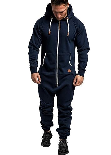 shownicer Herren Jumpsuit Overall Jogging Anzug Trainingsanzug Einteiler Overall Hausanzug Jogger Sportanzug Baumwolle Warm Jumpsuit mit Kapuze A Dunkelblau 3XL von shownicer