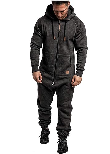 shownicer Herren Jumpsuit Overall Jogging Anzug Trainingsanzug Einteiler Overall Hausanzug Jogger Sportanzug Baumwolle Warm Jumpsuit mit Kapuze A Dunkelgrau 3XL von shownicer