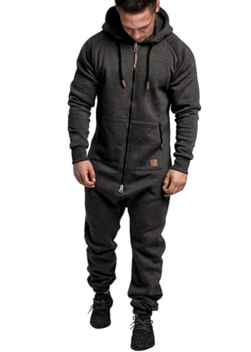 shownicer Herren Jumpsuit Overall Jogging Anzug Trainingsanzug Einteiler Overall Hausanzug Jogger Sportanzug Baumwolle Warm Jumpsuit mit Kapuze A Dunkelgrau XXL von shownicer