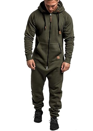 shownicer Herren Jumpsuit Overall Jogging Anzug Trainingsanzug Einteiler Overall Hausanzug Jogger Sportanzug Baumwolle Warm Jumpsuit mit Kapuze A Grün 3XL von shownicer