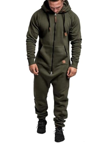 shownicer Herren Jumpsuit Overall Jogging Anzug Trainingsanzug Einteiler Overall Hausanzug Jogger Sportanzug Baumwolle Warm Jumpsuit mit Kapuze A Grün XL von shownicer