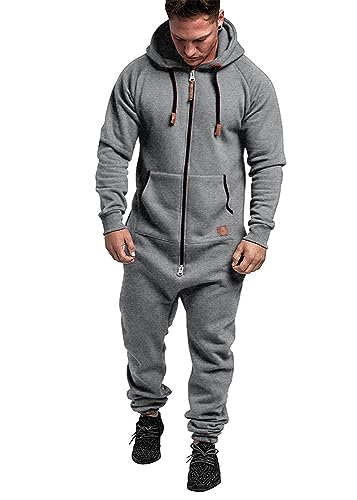 shownicer Herren Jumpsuit Overall Jogging Anzug Trainingsanzug Einteiler Overall Hausanzug Jogger Sportanzug Baumwolle Warm Jumpsuit mit Kapuze A Hellgrau L von shownicer