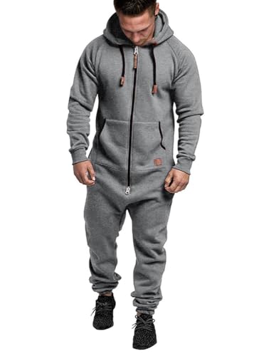 shownicer Herren Jumpsuit Overall Jogging Anzug Trainingsanzug Einteiler Overall Hausanzug Jogger Sportanzug Baumwolle Warm Jumpsuit mit Kapuze A Hellgrau XXL von shownicer