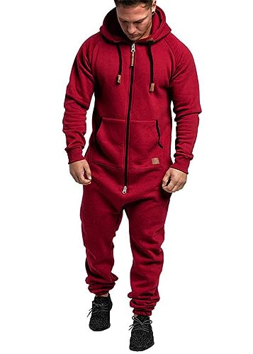 shownicer Herren Jumpsuit Overall Jogging Anzug Trainingsanzug Einteiler Overall Hausanzug Jogger Sportanzug Baumwolle Warm Jumpsuit mit Kapuze A Rot L von shownicer