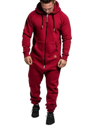 shownicer Herren Jumpsuit Overall Jogging Anzug Trainingsanzug Einteiler Overall Hausanzug Jogger Sportanzug Baumwolle Warm Jumpsuit mit Kapuze A Rot L von shownicer