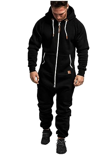 shownicer Herren Jumpsuit Overall Jogging Anzug Trainingsanzug Einteiler Overall Hausanzug Jogger Sportanzug Baumwolle Warm Jumpsuit mit Kapuze A Schwarz 3XL von shownicer