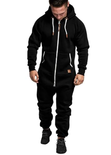 shownicer Herren Jumpsuit Overall Jogging Anzug Trainingsanzug Einteiler Overall Hausanzug Jogger Sportanzug Baumwolle Warm Jumpsuit mit Kapuze A Schwarz L von shownicer
