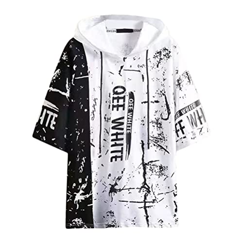 shownicer Herren Kurzarm Hoodie Techwear Hip Hop Hoodie Kapuze T Shirt Kurzarmshirt Sommer Kapuzenpullover Patchwork Hoodie Basic Sweatshirt Japanischer Streetwear Urban Jumper Weiß M von shownicer