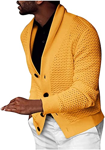 shownicer Herren Langarm Strickjacke mit V-Ausschnitt Cardigan mit Schalkragen Einfarbig Gerippter Strickpullover Winterpullover Regular Fit Beiläufig Grobstrick Pulli Sweatjacke Gelb XXL von shownicer