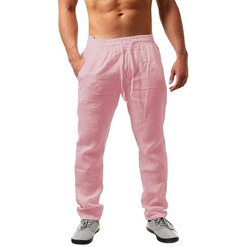 shownicer Herren Leinenhose Lange Weite Sommerhose Kordelzug Yogahose mit Taschen Sonnenschutz Strandhose A Rosa L von shownicer