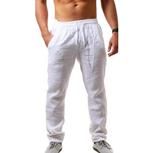 shownicer Herren Leinenhose Lange Weite Sommerhose Kordelzug Yogahose mit Taschen Sonnenschutz Strandhose A Weiß L von shownicer