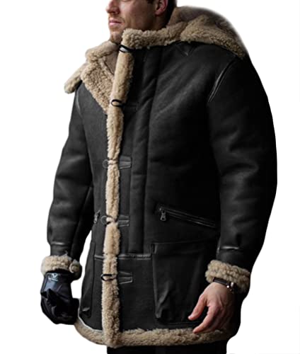 shownicer Herren Mittellang Kunstlederjacke Winter Warm Langarm Gepolsterte Lederjacke Vintage Verdicken Mantel mit Pelzkragen Herren Freizeitjacke Jacken mit Taschen A Schwarz XL von shownicer